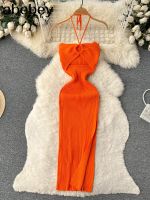 【HOT】○☾ Ins Fashion Knitted 2023 Halter Sleeveless Bodycon Europe Ladies Office