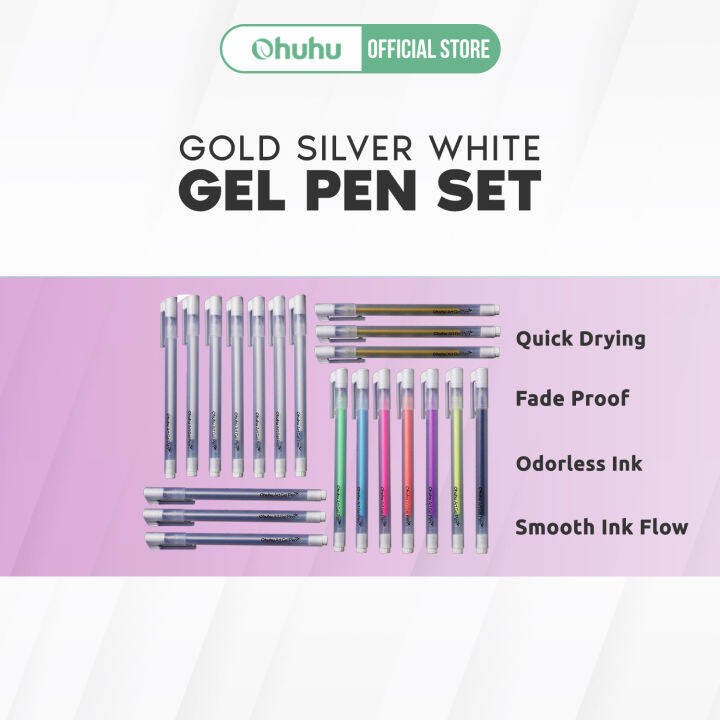 Ohuhu Gold Silver White Gel Ink Pen (20 Packs) + Fine Point White Pens for Highlighting (10