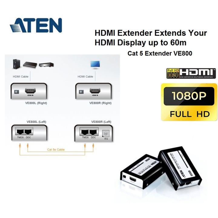 ATEN VE800 HDMI Extender Extends Your HDMi Display up to 60m Cat 5e/6  Lazada