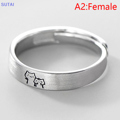 💖【Lowest price】SUTAI แหวนคู่ลูกแมวน่ารักสีเงินเปิดแหวนสำหรับผู้หญิงผู้ชายปรับได้คนรักโรแมนติกเครื่องประดับครบรอบของขวัญ