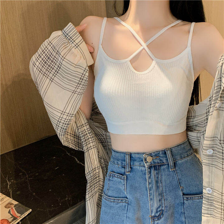 พร้อมส่ง-เสื้อสายเดี่ยวสายไขว้เสริมบราฟองน้ำในตัว-ยืดได้เยอะสวมใส่สบาย-แนะนำคร่า-lg091