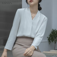 AMMIN เสื้อคอวีแขนยาวสำหรับผู้หญิง,เสื้อคอวีหลวมอเนกประสงค์เสื้อชีฟองแฟชั่นสไตล์เกาหลี