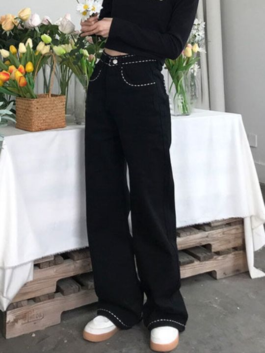 กางเกงยีนส์สตรีทแวร์แนววินเทจสำหรับผู้หญิงกางเกงเอวลำลองแฟชั่นสตรีทหวานสูงสไตล์เกาหลีปักลายดอกไม้
