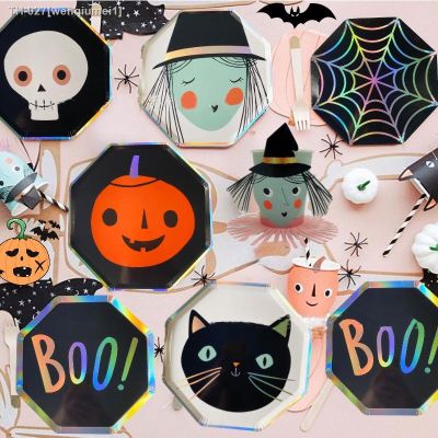 ๑◐ Halloween Party Disposable Tableware Set Pumpkin Witch Spider Web Polygonal Paper Plates Kids Favor Happy Helloween Party Decor