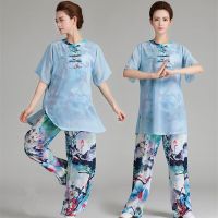 8 Colors Woman Breathable Floral Chinese Clothes Short Sleeves Tai Chi Clothing Yarn Kung Fu Uniform With Elastic Legs