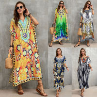 DN0885 O Versize บิกินี่ขึ้นปกผู้หญิง Boho พิมพ์ชายหาด Tunic Kaftans คอ V แยก Maxi D Ress สำหรับฤดูร้อนขนาดบวก