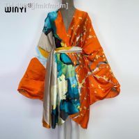 ◕ jfmkfmdm WINYI-quimono de manga comprida para mulheres roupa praia sexy banho cardigã boho senhora self-belted ponto kaftan férias verão 2022