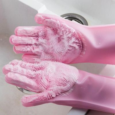 1Pair Silicone Gloves Kitchen Cleaning Dishwashing Gloves Soft Scrubber Rubber Dish Washing Tools Kitchen Household Gadgets Safety Gloves