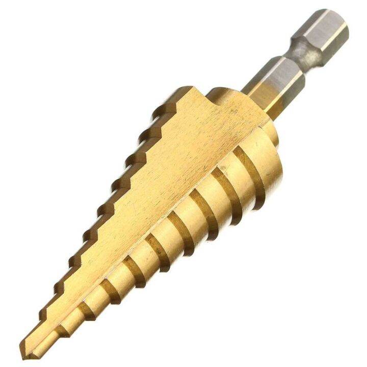 hh-ddpjxcan-1pc-4-22mm-titanium-coated-step-drill-hss-straight-flute-pagoda-drill-hex-shank-woodworking-tool-hole-cutter-hss-drill-bit