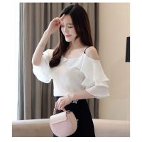 Korean Women White Elegant Ruffle Off Shoulder Tops Summer Chiffon Casual Blouses