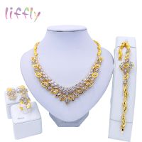 【lz】✣♘❀  Liffly-Folha Em Forma De Cristal Conjunto De Jóias Colar Pulseira Brinco Anel Acessórios De Casamento Presente De Noiva Nova Moda 2023