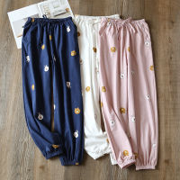 Autumn Pajama Bottoms Womens Thin Knitted Pure Cotton Pants Elastic Waist Cartoon Printing Sleep Wear Sleeping Pants for Ladies