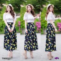 TW8055    Set เสื้อปาดไหล่ + กระโปรงดอกทิวลิป   **สอบถามก่อนสั่งซื้อ**