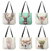 B01100 Floral Deer Sheep Head Prints Women Handbags Bohemian Style Totes Eco Shopping Bags Large Capacity Shoulder Bags