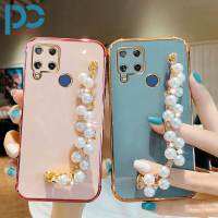 6D Pearl สร้อยข้อมือเคสโทรศัพท์สำหรับ Realme C21 C21Y C25Y C20 C20A C11 2021ออกแบบใหม่ Electroplating Soft Shell Anti-Fall ปกหลัง