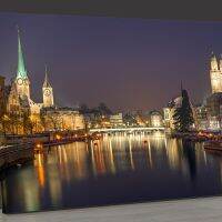 ศิลปะผ้าใบ Zurich,ภาพพิมพ์เมืองกลางคืน,ภาพภูมิทัศน์ในเมืองการประดิษฐ์ตัวอักษรไฟติดผนังห้องโถงห้องนอนกรอบตกแต่งผนัง