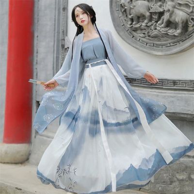 ชุดชุดฮันฟูสไตล์จีนสำหรับผู้หญิง,ชุดคลุมเต้นรำเจ้าหญิงชุดเดรสนางฟ้าพิมพ์ลายราชวงค์ชองโบราณ