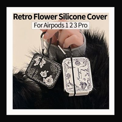 เคสป้องกันหูฟังลายดอกกุหลาบสีดำขาวแบบย้อนยุค,2023 Ins สำหรับ Air Pods Pro ลายดอกไม้สำหรับ Apple Airpods 3 2 1