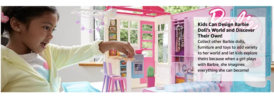 Barbie Portable 1-Story Toy Play Set Dollhouse with Doll, Pool, & Furniture