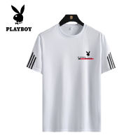 Playboy เสื้อยืดแขนสั้นแบบลำลองสำหรับผู้ชาย,เสื้อยืดไม่มีโลโก้สีพื้นแบบยืดหยุ่น