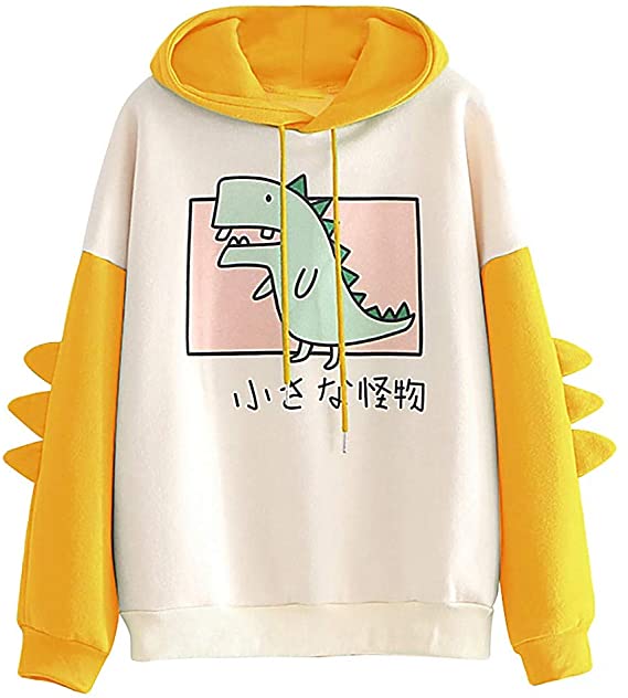 Lykmera Cute Hoodies for Women Cartoon Dinosaur Hoodies for Teen Girls Patchwork Sweatshirt Long Sleeve Sweatshirt 
