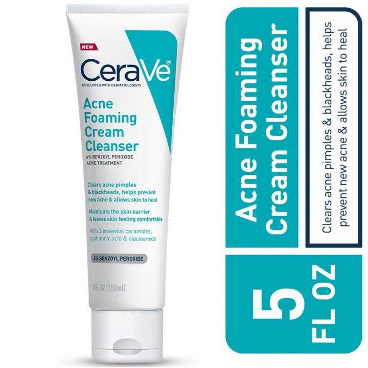 Cerave Acne Foaming Cream Cleanser 5 Oz With Benzoyl Peroxide Hyaluronic Acid And Niacinamide