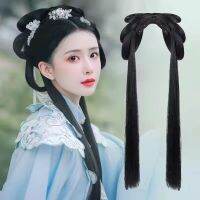 อะนิเมะคอสเพลย์ Hanfu วิกผมผู้หญิงแบบฮั่นฝูจีนโบราณสีดำอุปกรณ์เสริมหมวกวิกผมปลอมสีดำวิกผมตรงยาว