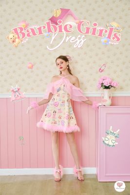 Barbie Girls Dress เดรสสั้นพิมพ์ลาย เดรสบาร์บี้ เดรสออกงาน เดรสผ้าซีฟองเเต่งระบายฟู่น่ารัก