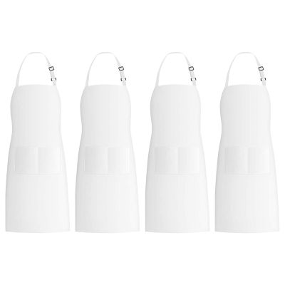 4 Pack Bib Aprons with 2 Pockets Adjustable Kitchen Cooking Chef Apron for Women &amp; Men, White