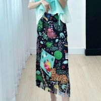 2023 summer new cartoon pleated female tassel A-line fashion loose elastic waist