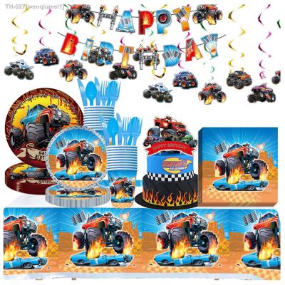 ▨ Monster Machines Anime Truck Theme Disposable Tableware Paper Plate Cup Napkin Balloon Children Boys Girls Birthday Decoration