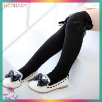 HERBABY สาวคลาสสิกเด็กถุงเท้าผ้าฝ้ายถุงน่องโรงเรียน high knee gridding Bow ถุงน่อง