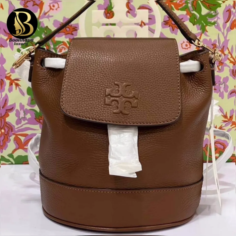 Tory Burch Thea Moose Brown Pebbled Leather Mini Backpack Bucket