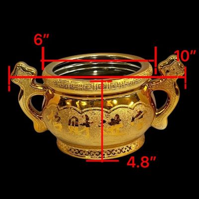 กระถางธูป สีทอง แบบมีหู กระเบื้อง เซรามิก ทองเขียนทอง ลวดลายอักษรจีน 招财进宝  เจาไฉจิ้นเป่า แปลว่าเงินกวักทอง