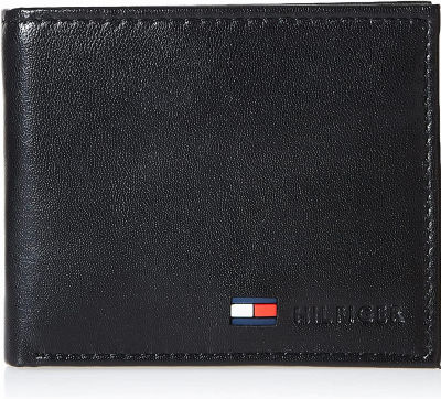 Tommy Hilfiger Mens Leather Slim Bifold Wallet with Coin Pocket One Size Black
