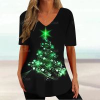 New Christmas Tree T-Shirt For Women 3d Print Short Sleeve V-Neck Top Fashion Casual Clothes Blouse Woman Y2k Oversized Clothing