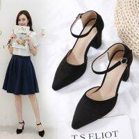 Hollow shoes college professional black pointed to a word in the strap with thick with baotou sandal high female small yards single shoes