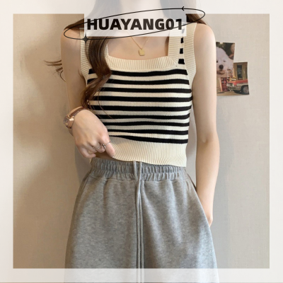 HUAYANG01 [2023 new HOT FASHION] lazlook เสื้อกล้ามถักลายทางสำหรับผู้หญิงเสื้อกล้ามวินเทจแขนกุดลำลองเข้ารูปฤดูร้อน