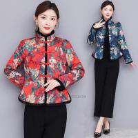 【CW】2022 ethnic national flower print coat women vintage tang suit long sleeve thicken hanfu coat chinese jacket out.erwear coat