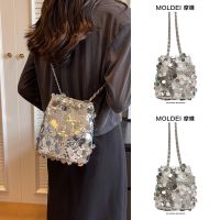 Summer Messenger Silver Sequin Chain Bag Women 2023 New Large-capacity Bucket Bag Advanced Sense Niche Design 【QYUE】