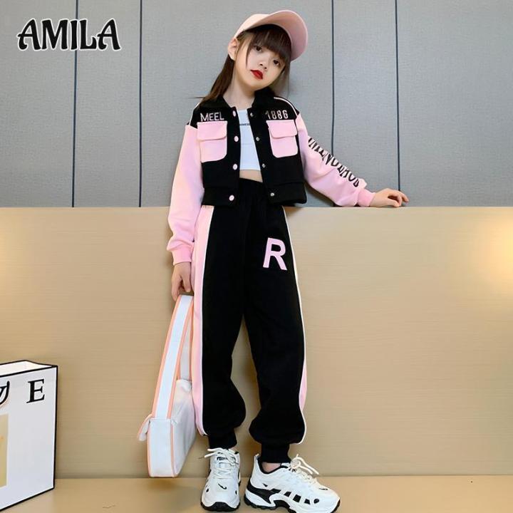 amila-ชุดสูทเด็กผู้หญิงสไตล์เกาหลี-เสื้อแจ็กเก็ตกีฬาแขนยาวชุดสูทสองชิ้น