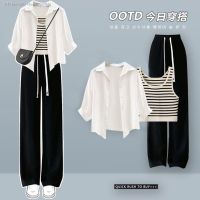 Summer suit women 2023 new wear age-reducing shirt top slim striped vest casual pants three-piece