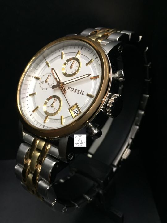 นาฬิกาข้อมือผู้ชายจับเวลา-fossil-รุ่น-es3840-chronograph-ตัวเรือนและสายนาฬิกาทองชมพูสลับเงิน-2-กษัตรย์-หน้าปัดสีเงิน-ของแท้-100