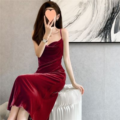French bias restoring ancient ways swing get skirt with shoulder-straps temperament red velvet inside take small formal attire skirt woman dress