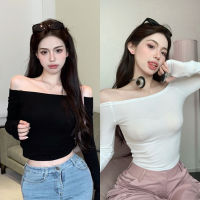 KoreanDress?‍♀️เสื้อเปิดไหล่ข้างเดียว?เดรสสั้นสีดำเสื้อครอปรัดรูปsexy top เสื้อปาดใหล่เสื้อครอปหญิงแฟชั่น สีขาวเสื้อครอปบาร์บี้