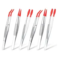 6Pcs Tweezers with Rubber Tips Set Soft PVC Rubber Coated Tips Bent and Straight Flat Tip Precision Bent Long Tweezers