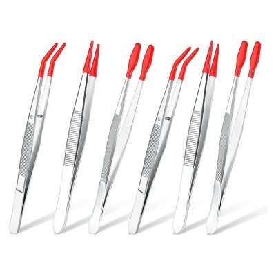 6Pcs Tweezers with Rubber Tips Set Soft PVC Rubber Coated Tips Bent and Straight Flat Tip Precision Bent Long Tweezers