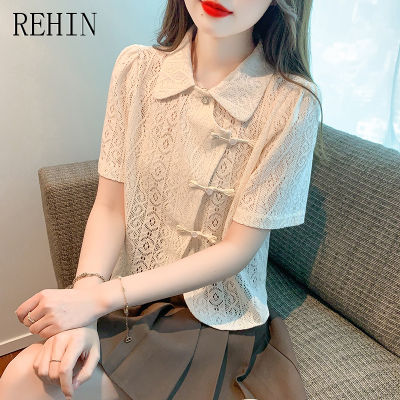 REHIN เสื้อลูกไม้พัฟเสื้อสตรีแขนยาวแขนสั้นสำหรับผู้หญิง,เสื้อลูกไม้กลวงฉบับภาษาเกาหลีหรูหราใหม่ฤดูร้อน