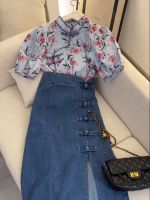 สไตล์วินเทจของผู้หญิง In large yards fat MM spell able temperament employed senior feeling restoring ancient ways is royal elder sister dish buckle jacket denim skirt