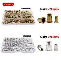 ☂ 1 Box 205pcs Insert Rivet Nut Rivnut Nutsert Mix M3 M4 M5 M6 M8 Size Set Assortment Kit Flat Head Carbon Steel Aluminum